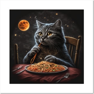 Grey Cat Eating Spaghetti Posters and Art